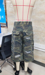 VacationGrabs Y2K Hip Hop Camo Cargo Capri Shorts Women Distressed Ripped Multi Side Pocket Baggy Wide Leg Camouflage Streetwear