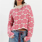 VacationGrabs Oversized Cropped Knit Sweater Women Roll Neck Floral Jacquard Pattern Contrast Trim Long Sleeve Loose Pullover Knit Top