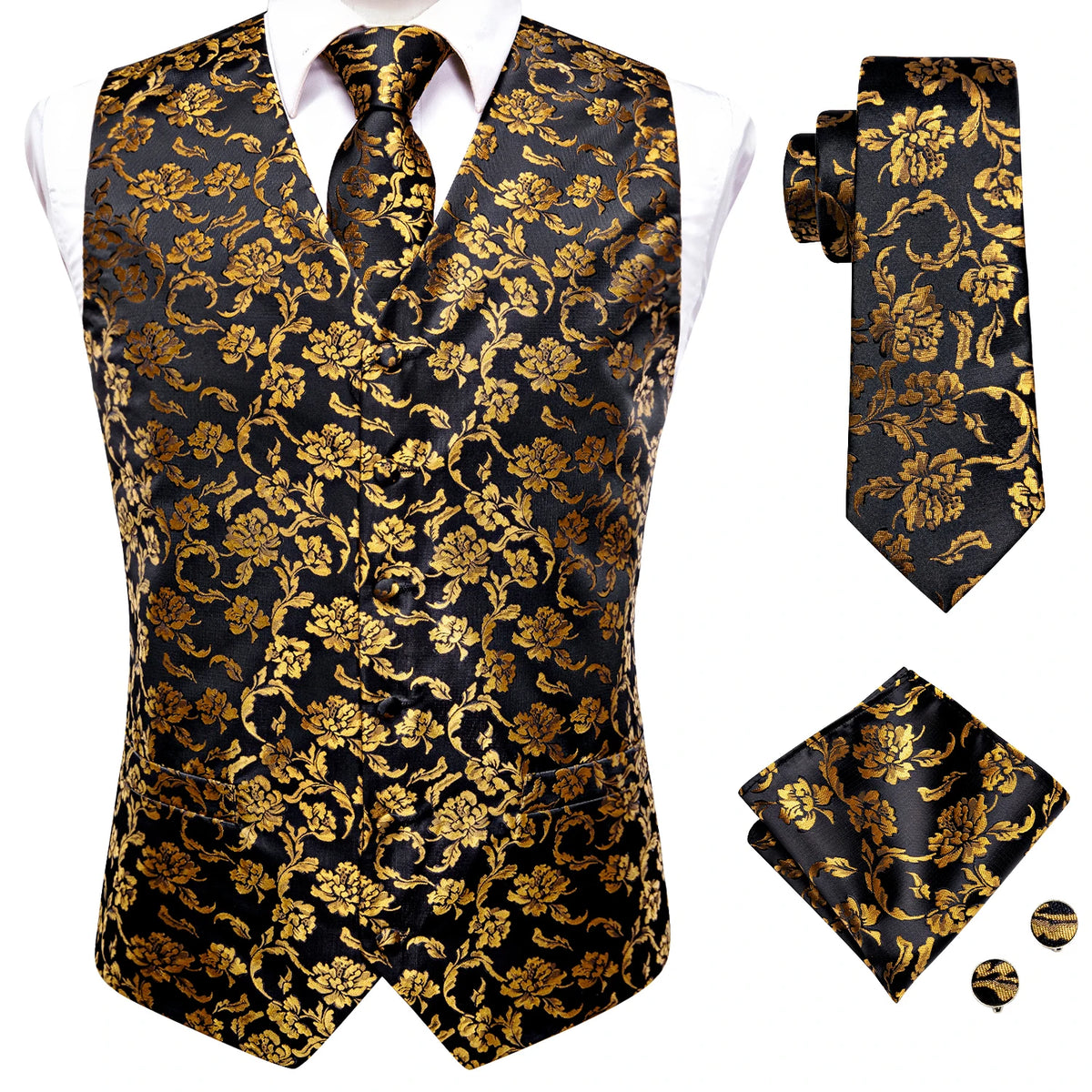 Men's black paisley tie with gold floral design for formal occasions