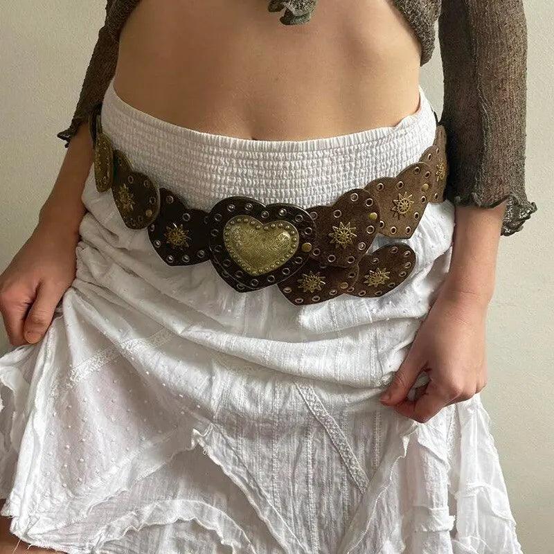 Women's Accessories - Belts Brown Pinned Belt Decorated with White Love Hearts Bohemian Style