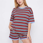 VacationGrabs Striped Two Piece Outfit Women Contrast Trim Oversized Short Sleeve Tee And Elastic Waist Shorts Casual Loungewear Set