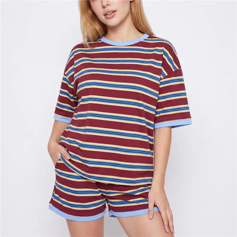 VacationGrabs Striped Two Piece Outfit Women Contrast Trim Oversized Short Sleeve Tee And Elastic Waist Shorts Casual Loungewear Set