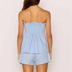 Strapless Ruffle Trim Two Piece Set Women's Pleated Tube Top and High Waist Shorts Casual Summer Vacation Beach Outfit