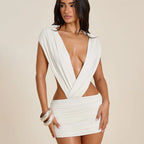 VacationGrabs Women Bodycon Mini Dress Deep V Neck Backless Ruched Sleeveless Satin Dresses Evening Party Club Night Out Holiday Wear