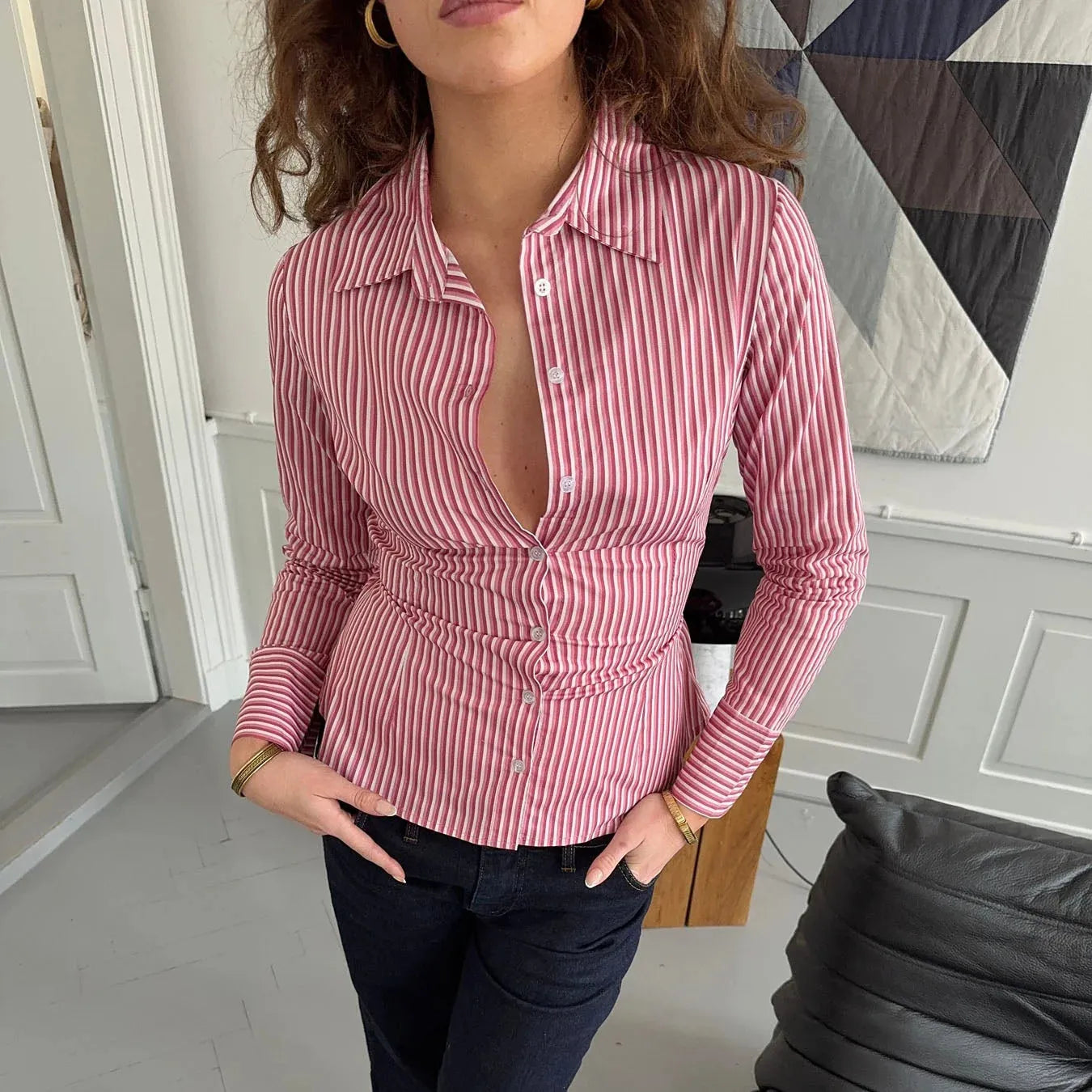 VacationGrabs Women Slim Fit Button Down Striped Shirt Long Sleeve Fitted Button Up Shirt Vintage Y2K Pinstripe Collared Blouse