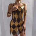 VacationGrabs Women Rhombus Sparkly Rhinestone Mesh Mini Dress Chain Halter Backless Fringe Hem Bodycon Dress Nightclub Party Clubwear