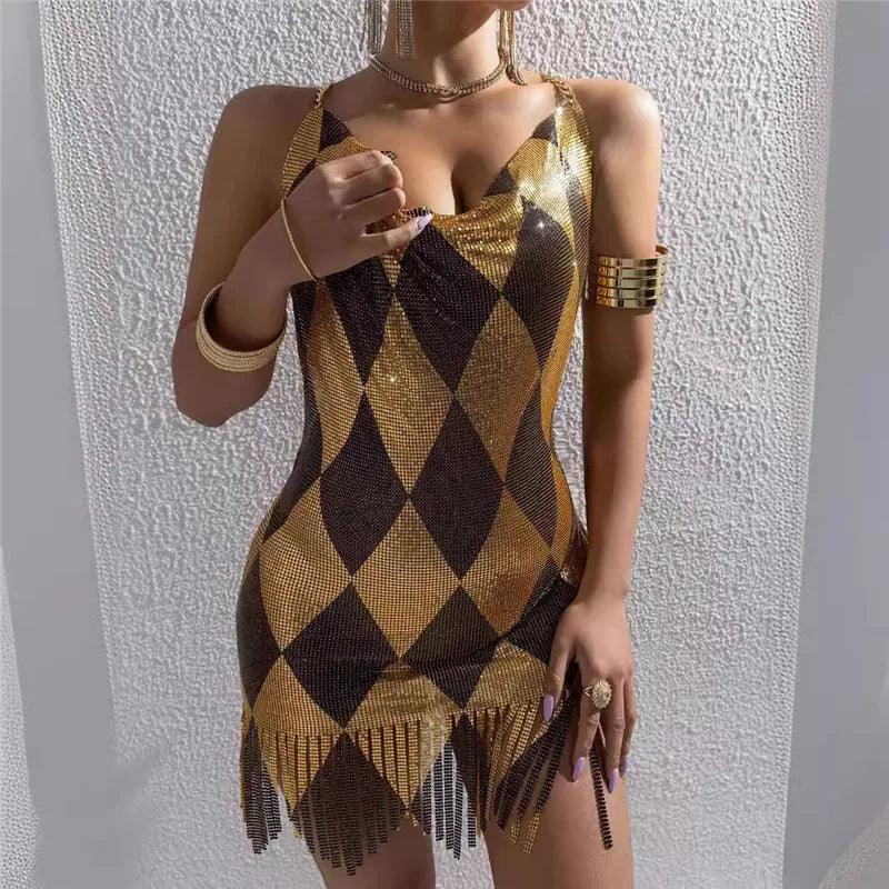VacationGrabs Women Rhombus Sparkly Rhinestone Mesh Mini Dress Chain Halter Backless Fringe Hem Bodycon Dress Nightclub Party Clubwear