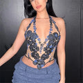 VacationGrabs Women's Y2K Floral Sheer Halter Top Sleeveless Tie Backless Camisole Sexy See Through Flower Embroidered Tank Tops
