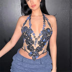 VacationGrabs Women's Y2K Floral Sheer Halter Top Sleeveless Tie Backless Camisole Sexy See Through Flower Embroidered Tank Tops