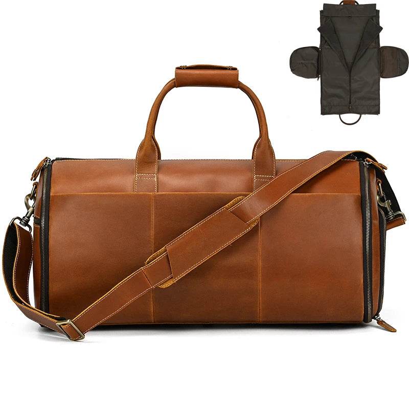 Men's Leather Business Trip Travel Duffle Opens to a Garment Bag - VacationGrabs