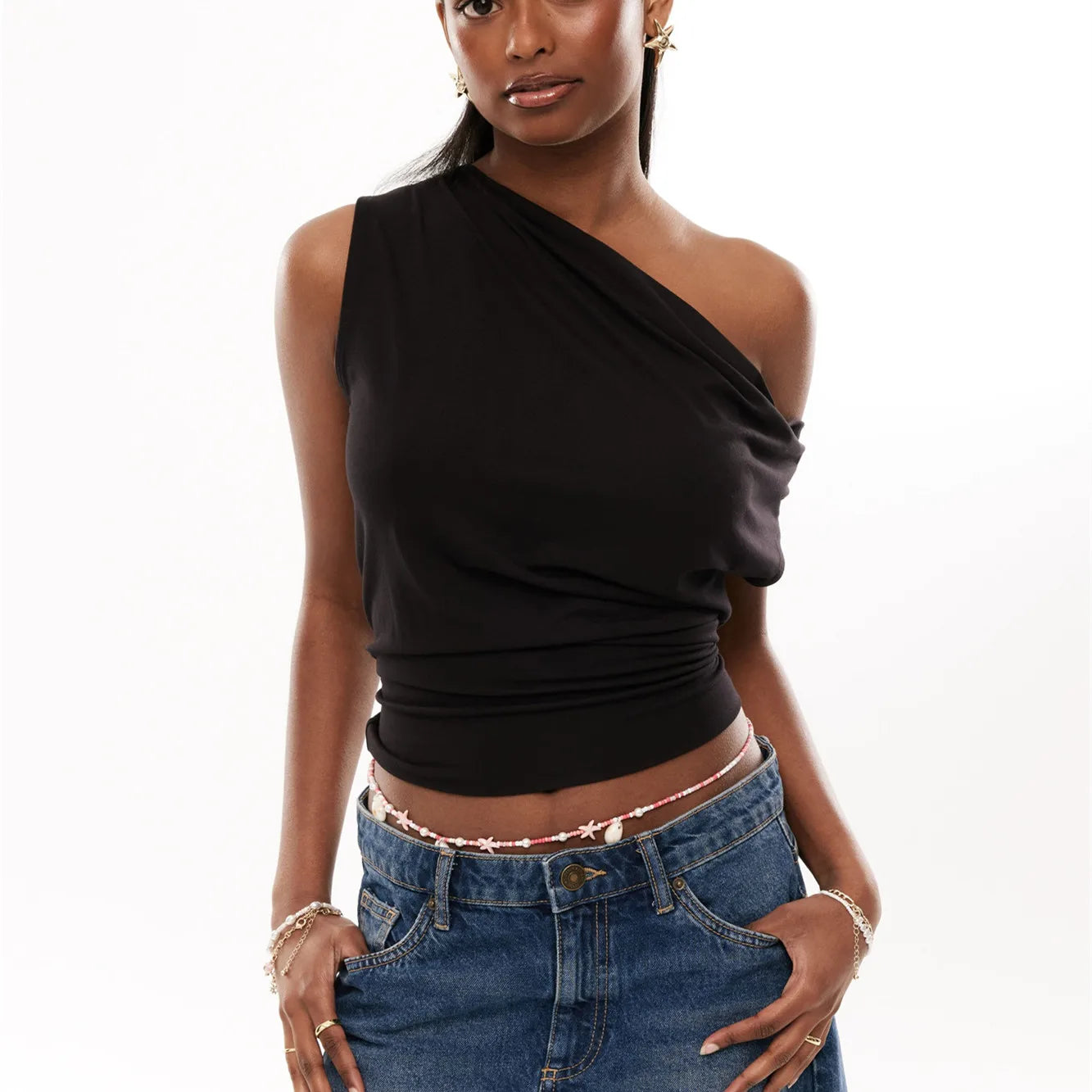VacationGrabs Asymmetrical One Shoulder Ruched Casual Draped Top Women Y2K Striped Off Shoulder T-Shirt Short Sleeve Cinched Waist Top