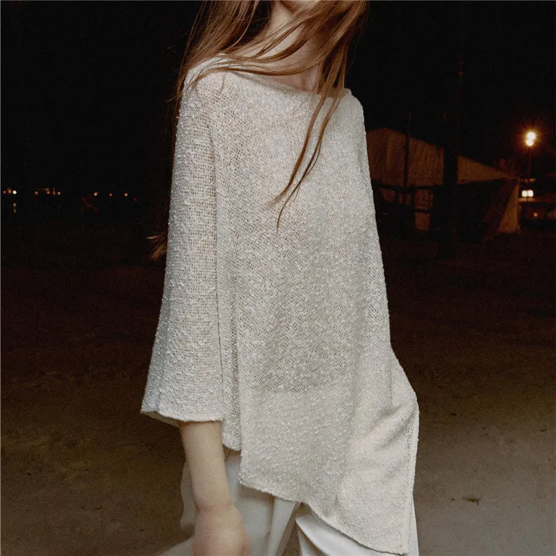 VacationGrabs Women Hollow Out Knit Poncho Cape Boat Neck Loose Irregular Hem Sheer Mesh Knitted Shawl Wrap Metallic Thread Cover Up