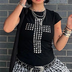 Retro Gothic Women's Studded Cross Baby Tee Fitted Black Short Sleeve T-Shirt Emo Punk Rock Streetwear for Dark Style