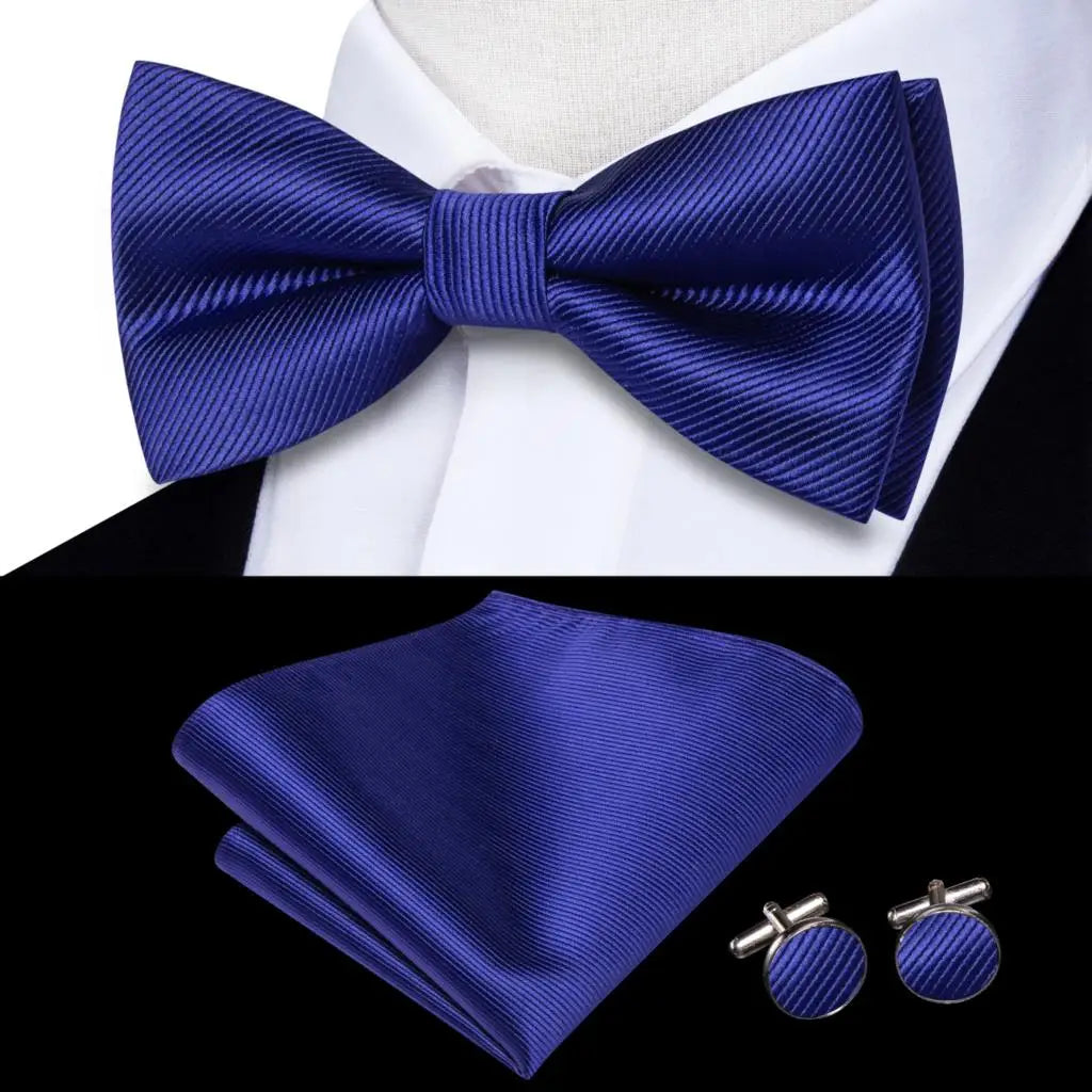 Men's royal blue bow tie silk set with pocket square and cufflinks