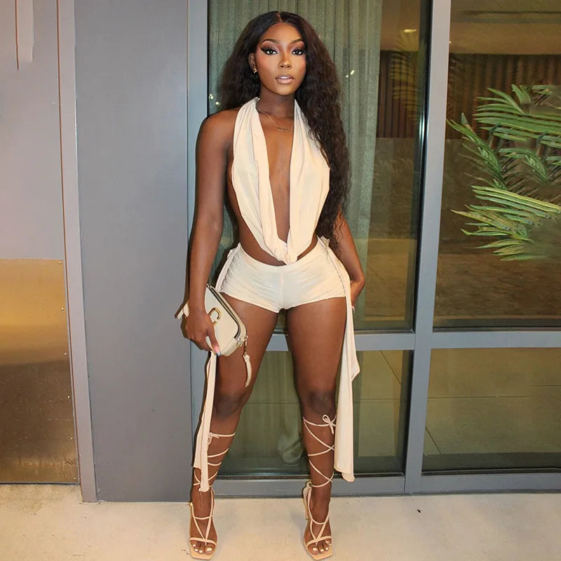 Women Summer 2 Piece Outfits Stylish Solid Color Sleeveless Halter Cowl Neck Tops and Hot Shorts Set for Club Party Wear