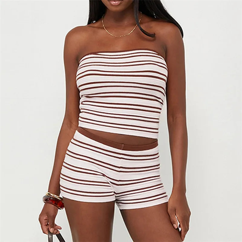 VacationGrabs Vintage Stripe 2 Piece Outfit Women Contrast Edge Strapless Tube Top Slim Fit Hot Shorts Casual Summer Y2K Streetwear