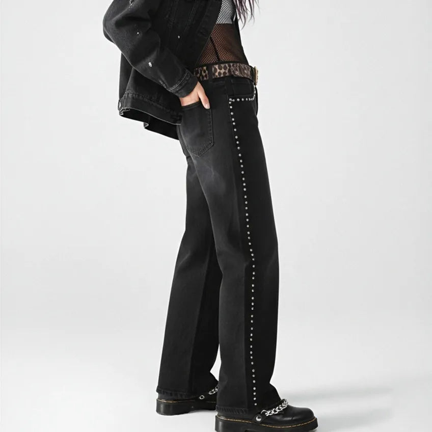 VacationGrabs Women Jeans Causal Wide Straight Leg Studded Rhinestone Decor Denim Pants with Pockets All Match Vintage Streetwear