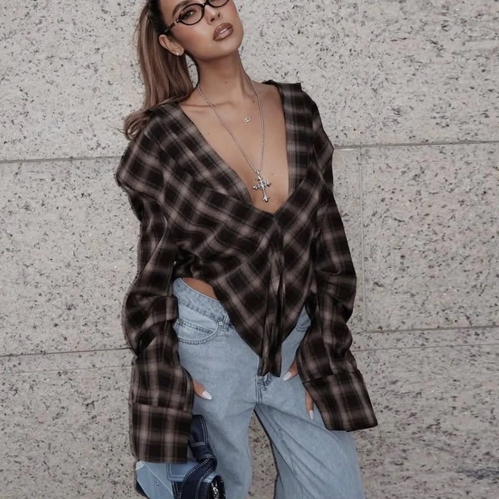 VacationGrabs Women Sexy Blouses Vintage Contrast Plaid V-Neck Slim Shirt Top Fashion Y2k Party Look New High Waisted Female Shirt Top