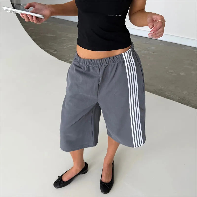 VacationGrabs Elastic Drawstring Waist Side Stripes Cropped Seven Pants Women Loose Wide Leg Sweat Jogger Casual Street Bottoms
