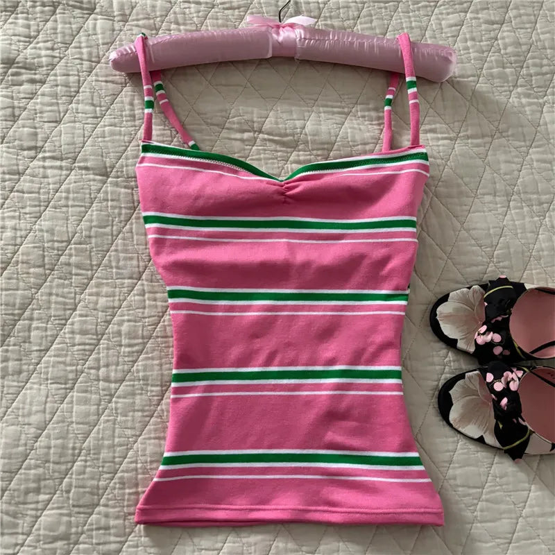 VacationGrabs Cute Stripe Camisole Top Summer Women Sweetheart Neck Spaghetti Strap Slim Low Back Crop Top Y2K Aesthetic Streetwear