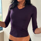 VacationGrabs Y2K Women Solid V Neck 3/4 Sleeve Cropped Top Stretchy Slim Fitted Basic T Shirt Casual Daily Short Blouse Spring Autumn