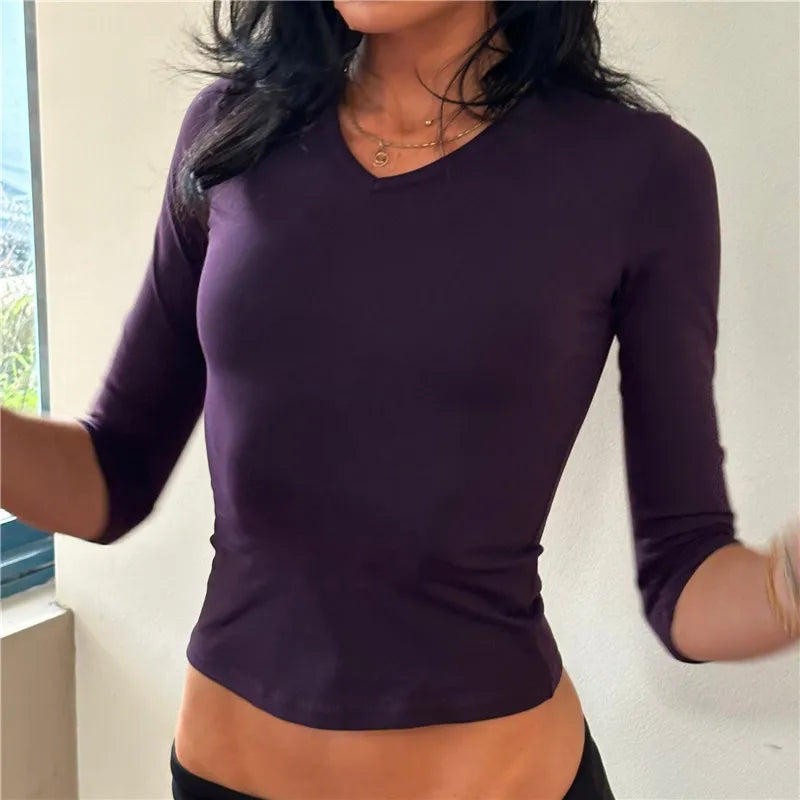 VacationGrabs Y2K Women Solid V Neck 3/4 Sleeve Cropped Top Stretchy Slim Fitted Basic T Shirt Casual Daily Short Blouse Spring Autumn