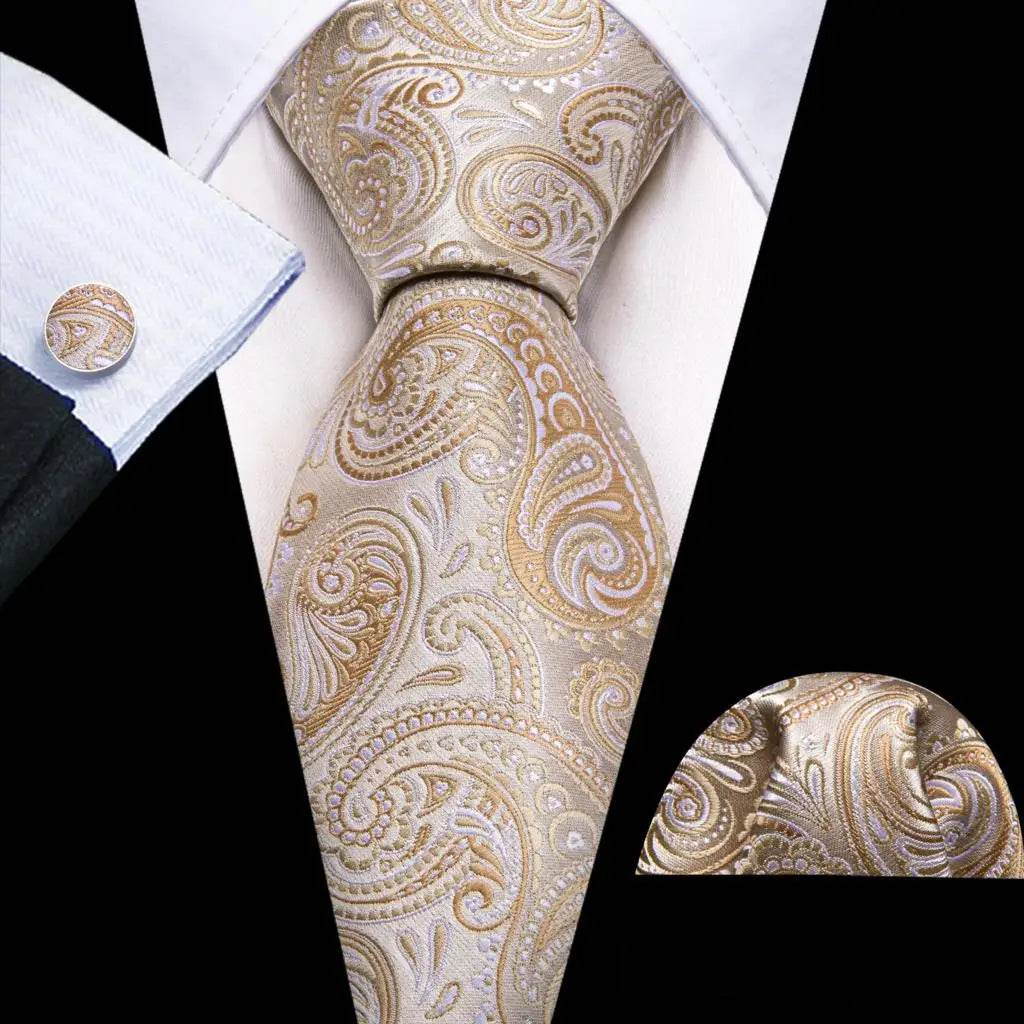 Gold & Beige Silk Tie Set for Men - VacationGrabs