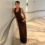 VacationGrabs Women Halter Neck Backless Maxi Dress Side Cutout Sleeveless Bodycon Long Dress Metal Buckle Detail Evening Party Gown