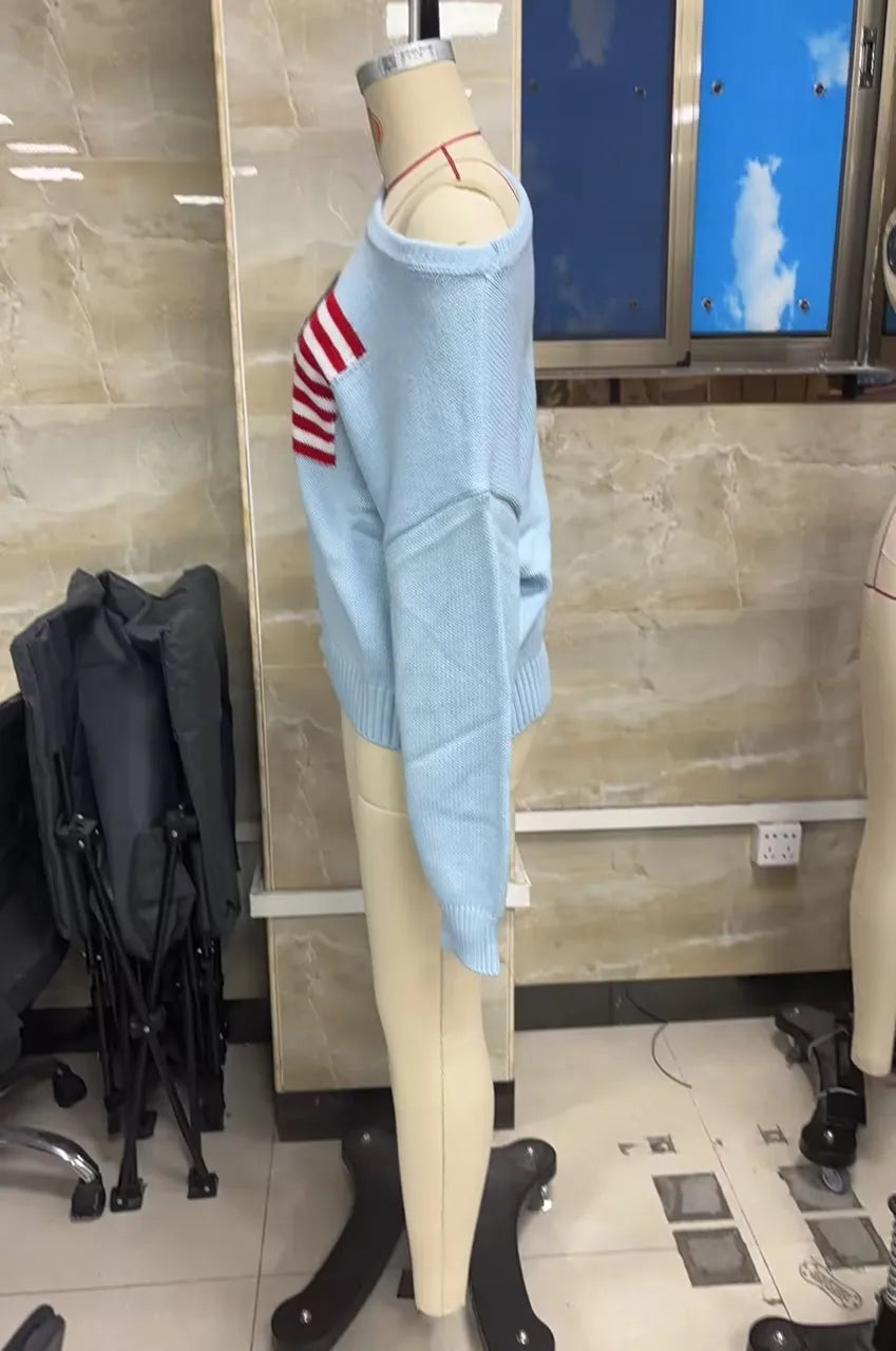 VacationGrabs Off Shoulder American Flag Knit Sweater for Women Long Sleeve Oversized Fit Casual Streetwear Pullover for Fall Winter