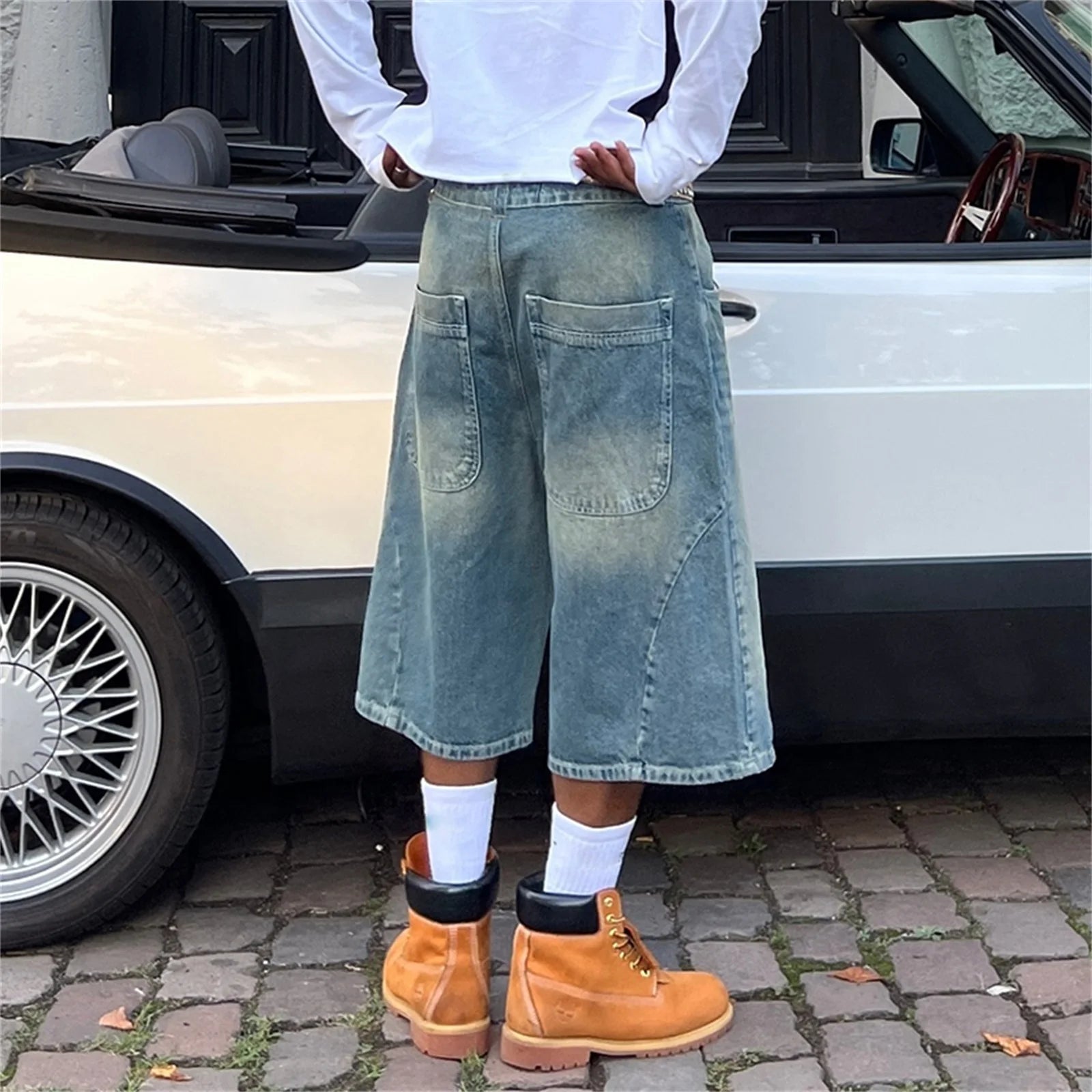 Men Baggy Denim Shorts Retro Wide Leg Carpenter Mid Jeans Zipper Hip Hop Jorts with Pockets Casual Streetwear