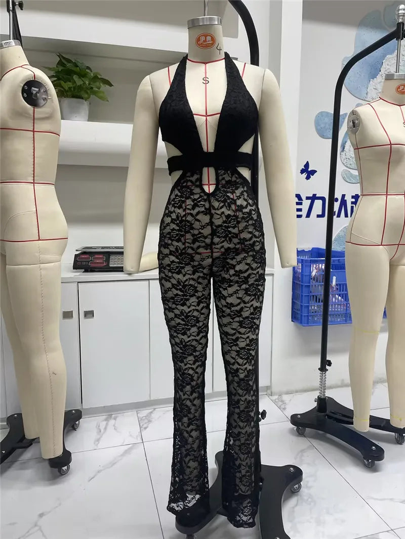 VacationGrabs Women Sexy See Through Long Pant Jumpsuit Chic Deep V Neck Floral Lace Romper Cut Out Mesh Outfits Playsuit Streetwear