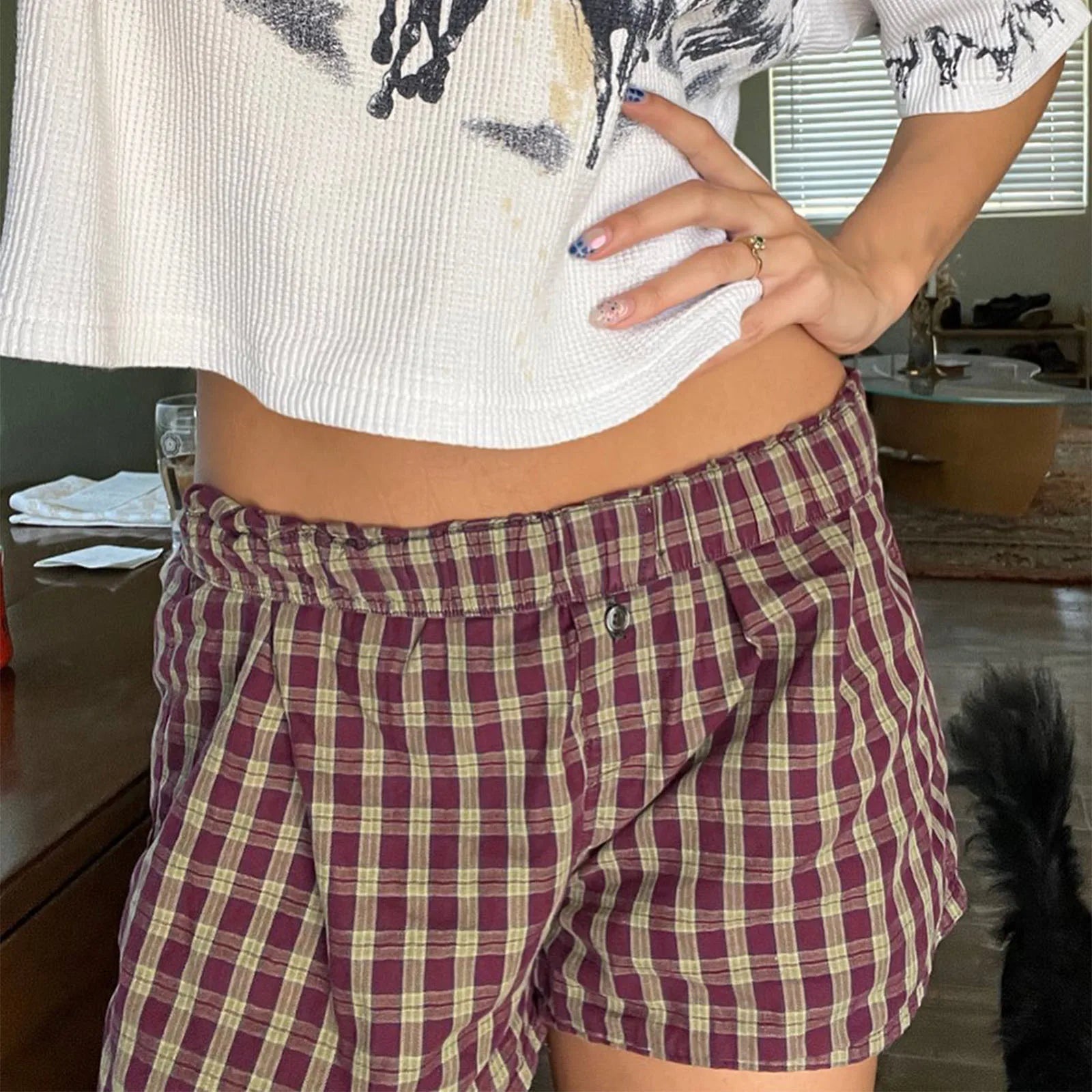 VacationGrabs Women Y2k Gingham Boxer Shorts Stripes Button Elastic Waist Boxers Cute Mini Bloomers Plaid Loose Fit Boy Shorts