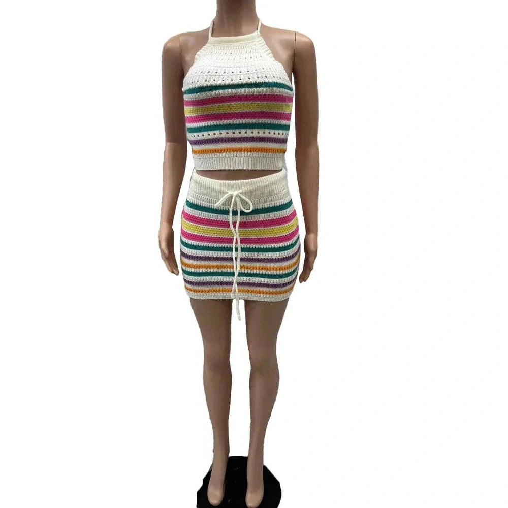 Two Piece Womens Halter Crop Top + Matching Skirt Set - VacationGrabs