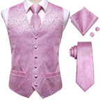 Pink paisley necktie set for formal events with matching vest and pocket square, how to tie