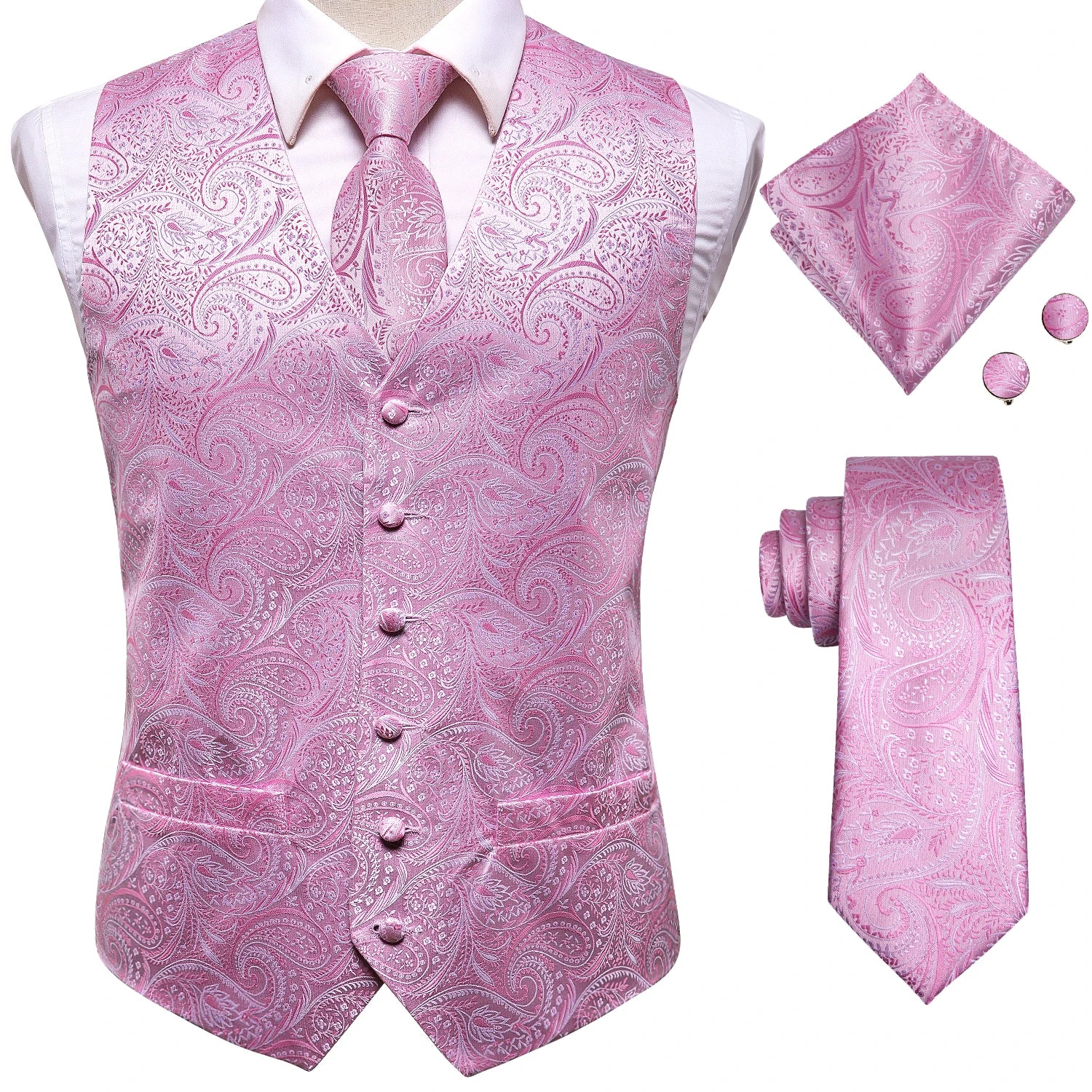 Pink paisley necktie set for formal events with matching vest and pocket square, how to tie