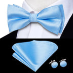 Light blue bow tie silk set with matching pocket square and cufflinks for formal wear