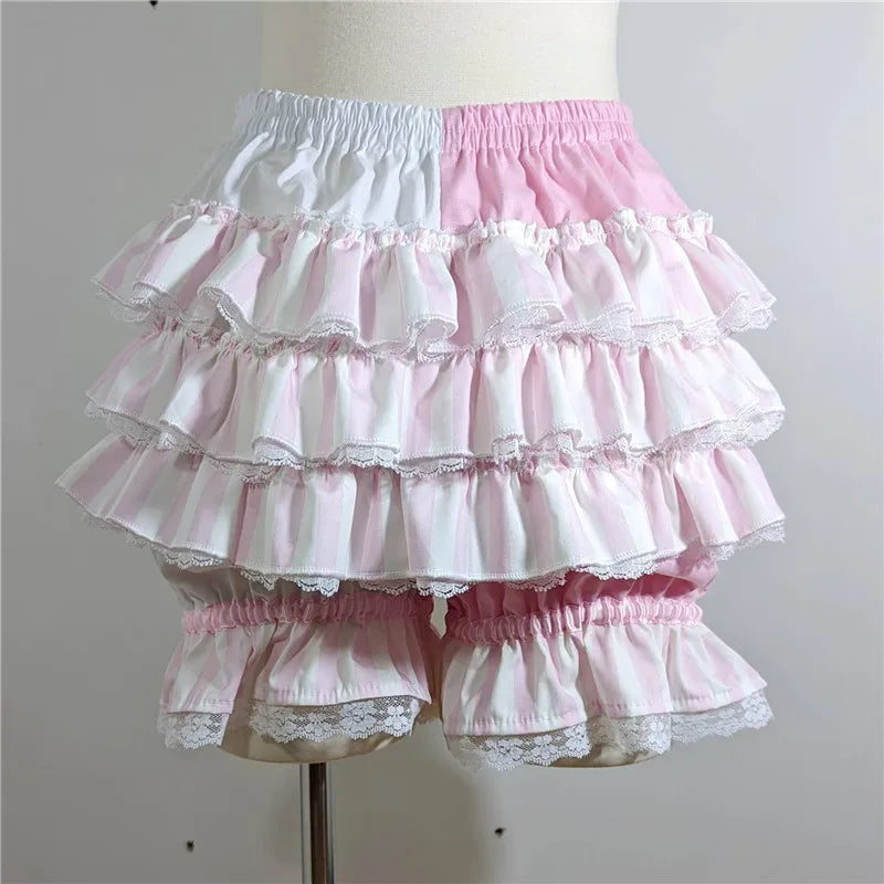 VacationGrabs Lolita Women Bloomers Shorts Color Block Patchwork Ruffle Lace Elastic Waist Pumpkin Pantalettes Sweet Cosplay Bottoms