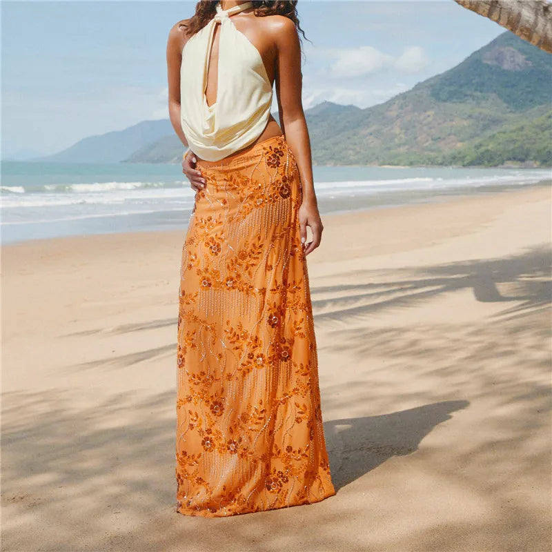 VacationGrabs Women Sequin Beaded Maxi Skirt Y2K Sparkly High Waist Bodycon Skirt Night Out Party Glitter Long Skirt Vacation Clubwear