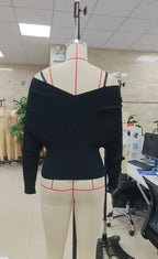 VacationGrabs Women Off Shoulder Lace Trim Knit Top V Neck Batwing Long Sleeve Ribbed Cropped Pullover Casual Fall Streetwear Sweater