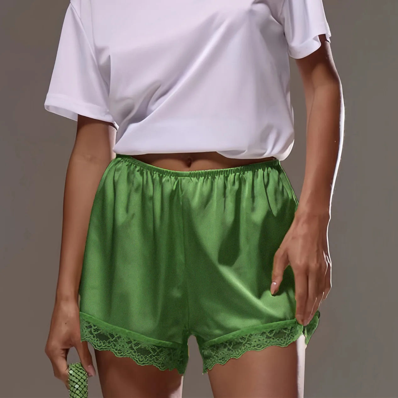 VacationGrabs Lace Trim Satin Shorts for Women Silky Elastic Waist Mini Shorts Casual Lounge French Knickers Slip Boxer Pj Bottoms