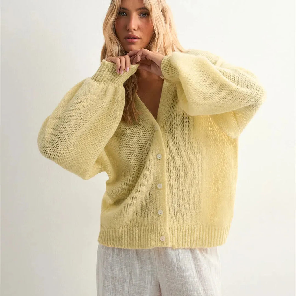 VacationGrabs Women's Solid Color Knit Cardigan Autumn V-Neck Fuzzy Long Sleeve Button Front Closure Sweaters Winter Casual Knitwear