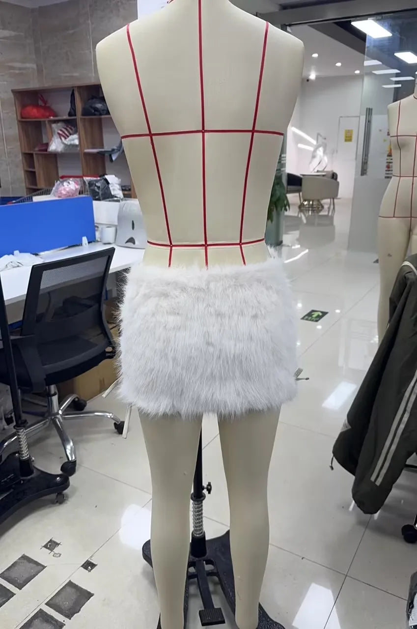 VacationGrabs Furry Mini Skirts Women Tie Side High Street Sexy Midnight Hottie Fashion Wild Party Simple Classic Autumn Winter Bottom