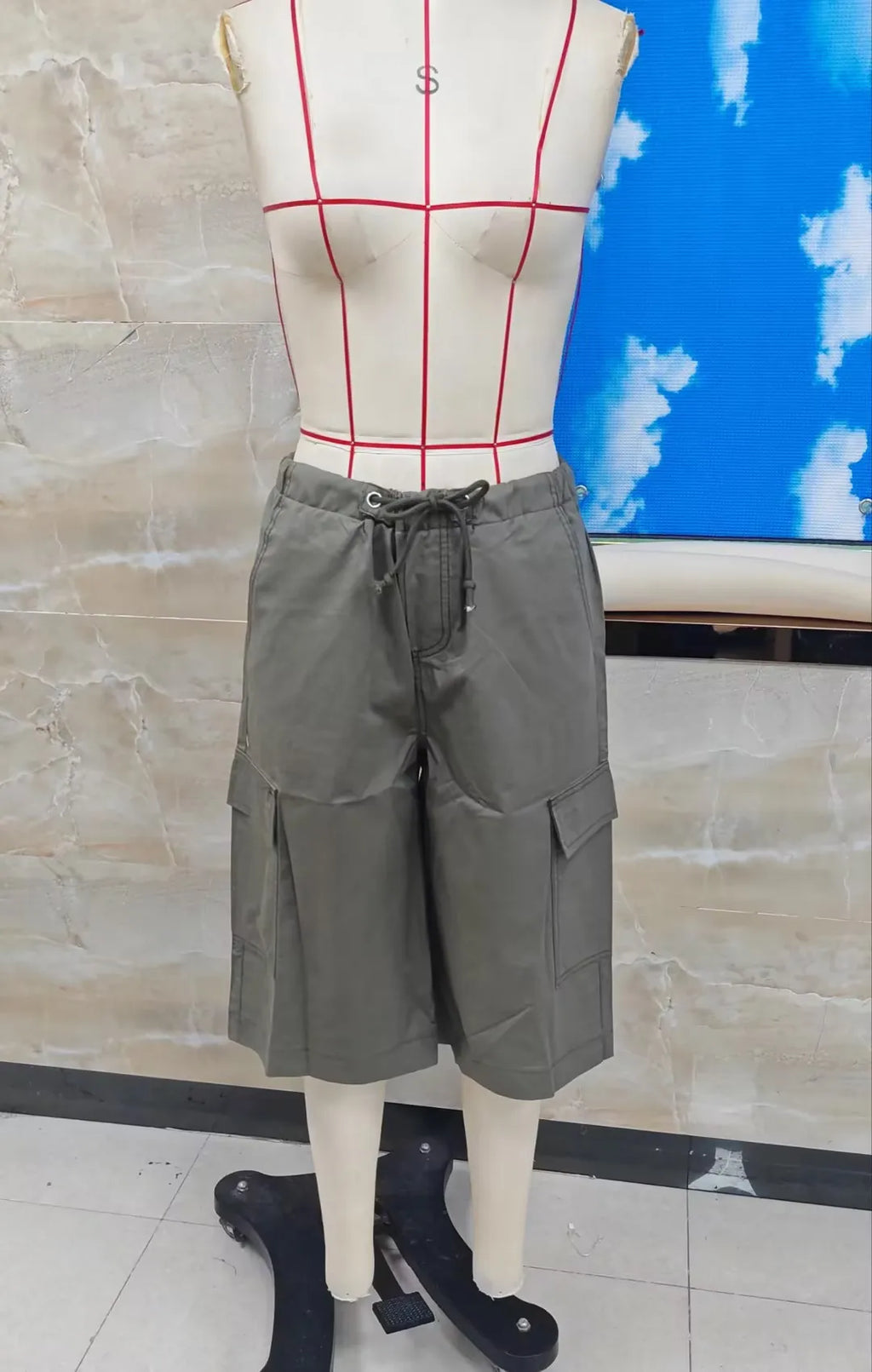 VacationGrabs Elastic Drawstring Cargo Bermuda Shorts Women Multi Pocket Loose Wide Leg Knee Length Baggy Capri Culottes Y2KStreetwear