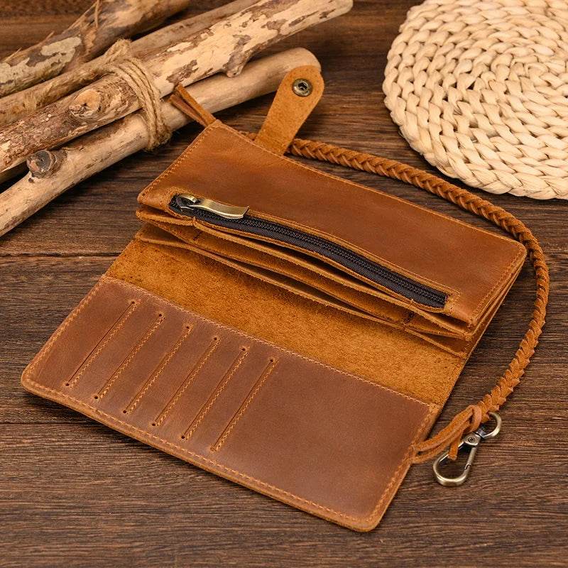 Fashionable Leather Long Wallet with Braided Strap and Coin Inner Zipper - VacationGrabs
