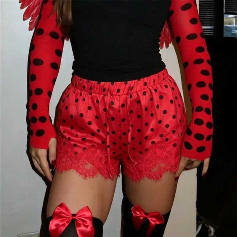 VacationGrabs Coquette Polka Dot Satin Lounge Shorts Women Eyelash Lace Hem Drawstring High Waist Loose Cute Halloween Pajama Bottoms