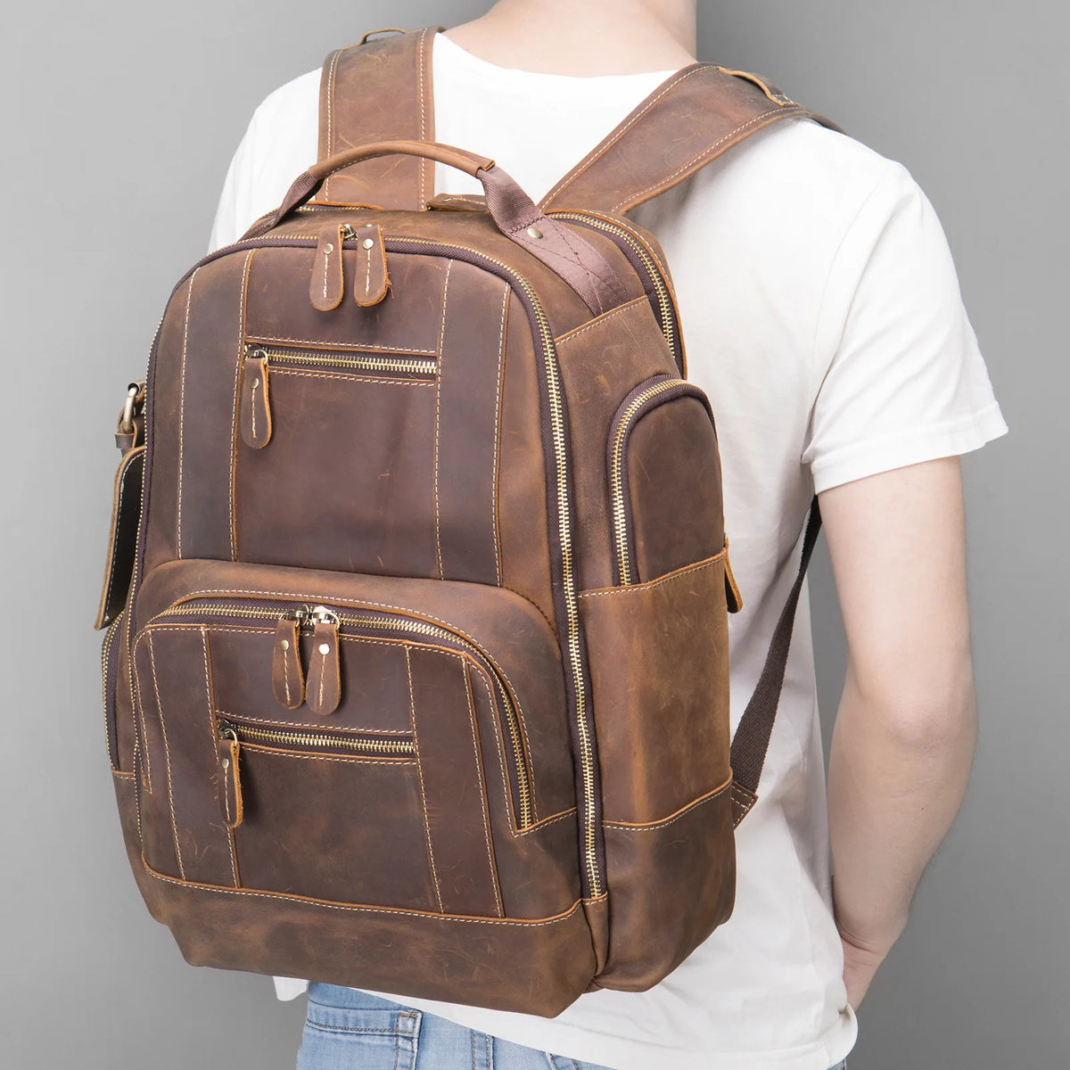 Frenzy Horsehide Men's Double-Shoulder Backpack, Cowhide Outdoor Travel Backpack, Men's Genuine Leather Double-Shoulder Bag