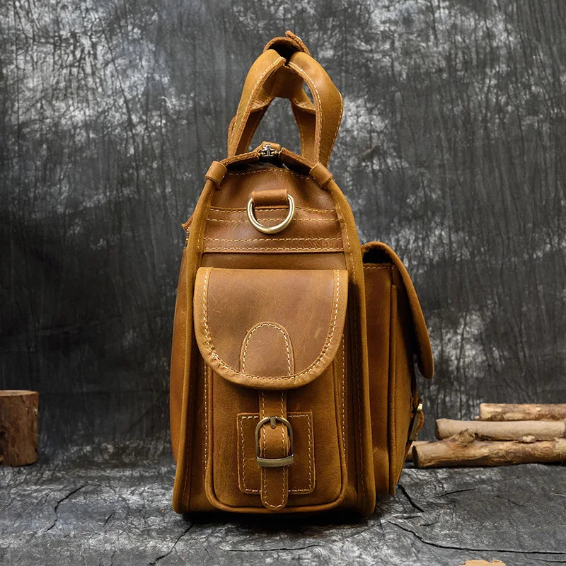 Top Grade Quality Laptop Briefcase Crazy Horse Genuine Leather Laptop Bags Notebook PC Shoulder Bag For Business Man Vintage