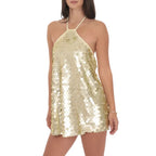 VacationGrabs Women Halter Backless Sequin Mini Dress Glitter Paillette Tie Up Short Dress Club Party Sparkly Cocktail Evening Dresses