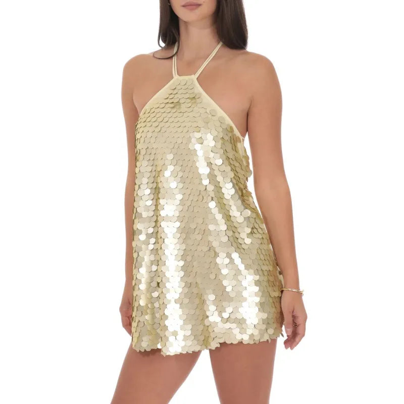 VacationGrabs Women Halter Backless Sequin Mini Dress Glitter Paillette Tie Up Short Dress Club Party Sparkly Cocktail Evening Dresses
