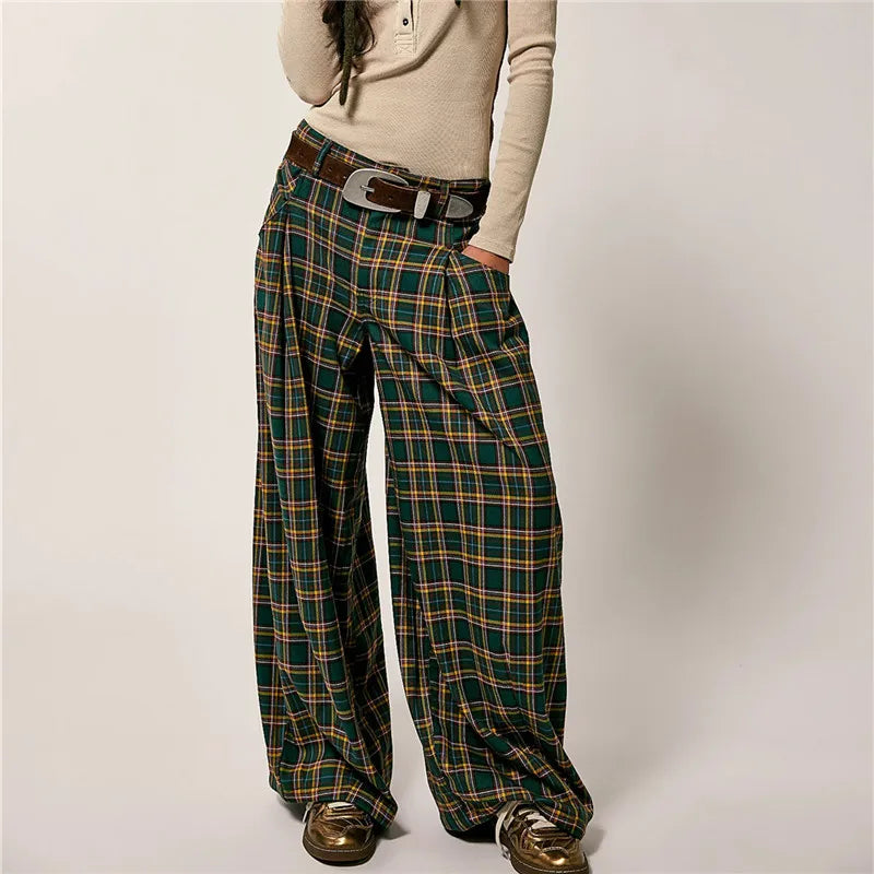 VacationGrabs Women Y2k Gingham Wide Leg Mid Rise Holiday High Street Tartan Pants Vintage Plaid Baggy Trousers with Pockets